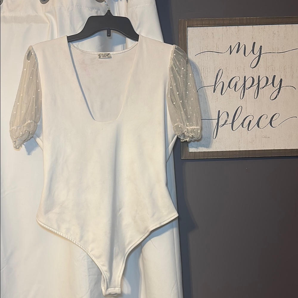 Free People White Bodysuit with Sheer Puff Sleeves